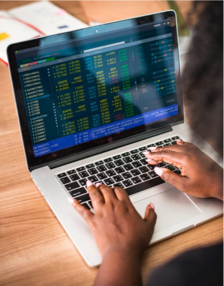 woman looking at figures on a computer