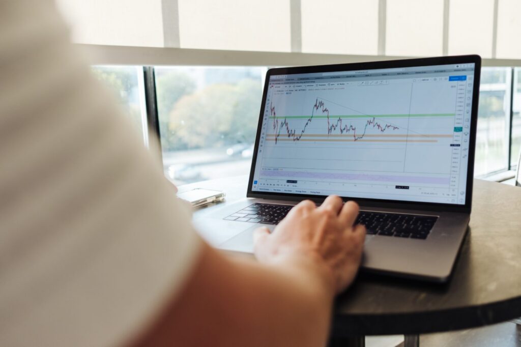 person looking at stock chart on laptop computer