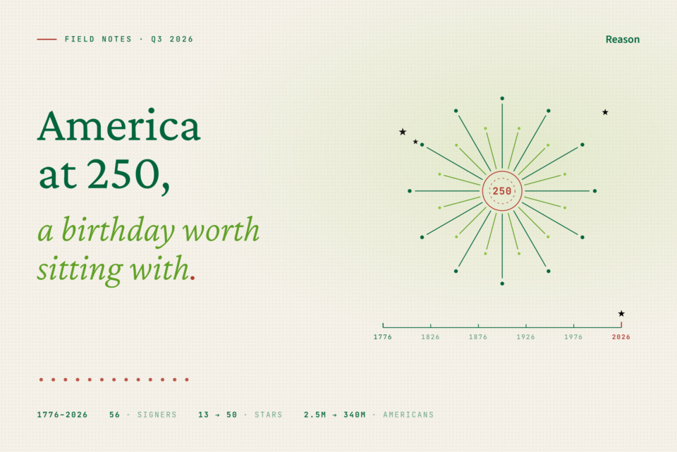 America at 250 hero graphic: a green starburst around a 250 seal above an 1776-to-2026 timeline, with the headline “America at 250, a birthday worth sitting with”