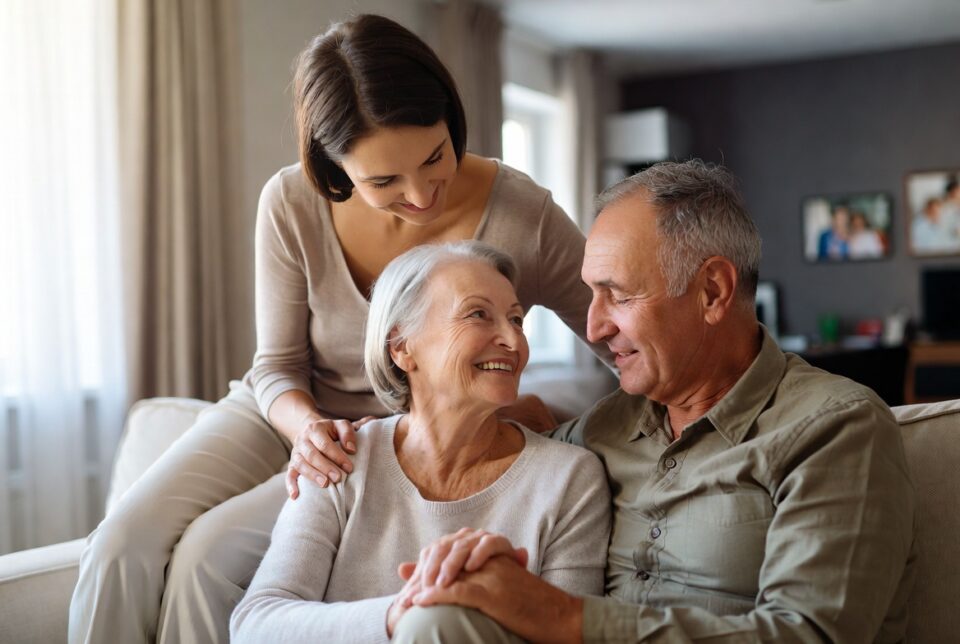 Three generations of a family together on a couch: an adult daughter with her hands on her smiling mother's shoulders, beside her father