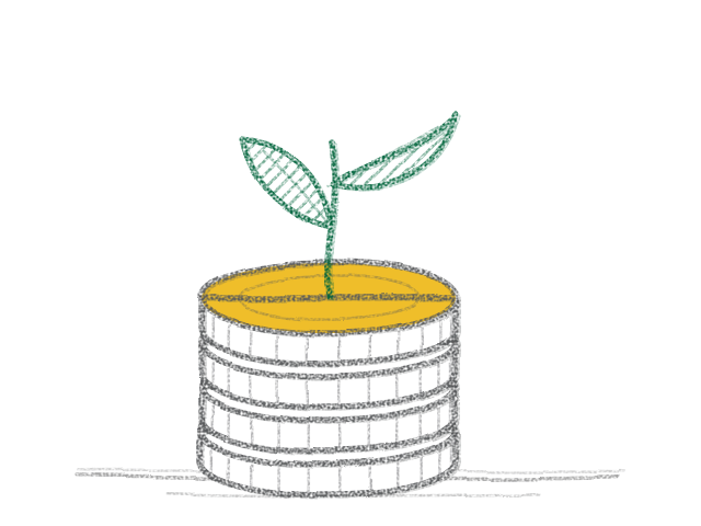 Pencil sketch of a stack of coins with a green sprout growing from the top