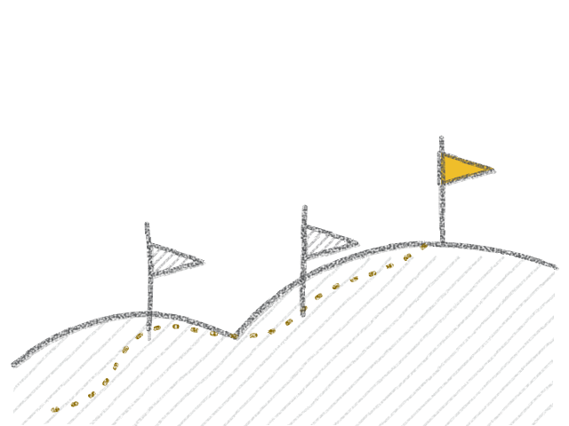 Pencil sketch of a path winding over hills past three flags, the last one gold