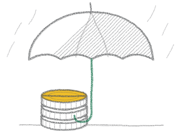 Pencil sketch of an umbrella sheltering a stack of coins from the rain